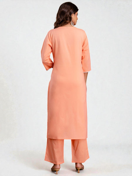 Miramaar Women's Cotton Peach Straight Embroidered Kurta Pant with Dupatta