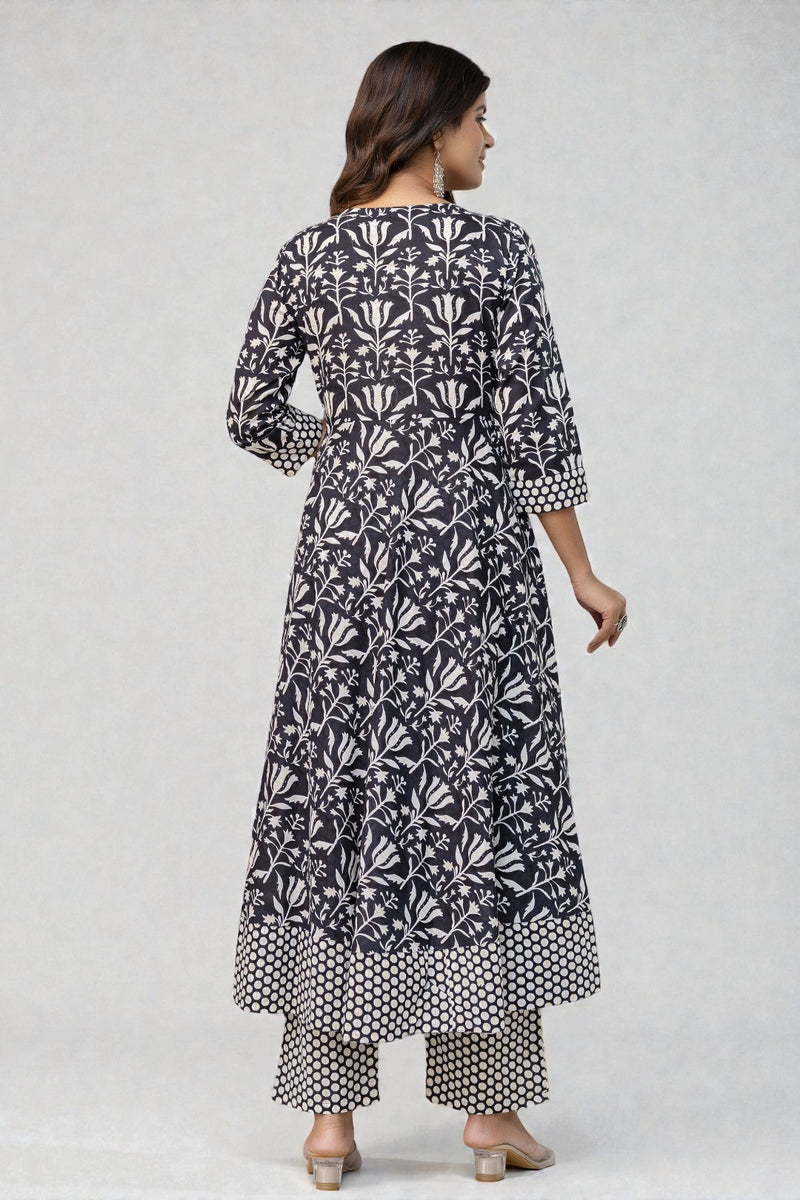 Miramaar Women's Anarkali Black Embroidered V-Neck Kurta Pant with Dupatta