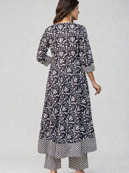 Miramaar Women's Anarkali Black Embroidered V-Neck Kurta Pant with Dupatta