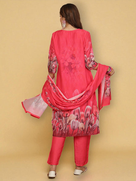 Miramaar Women's Coral Red Muslin Digital Print Kurta Set with Dupatta