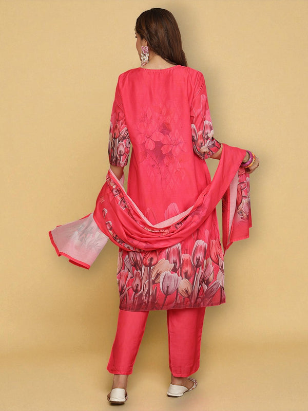 Miramaar Women's Coral Red Muslin Digital Print Kurta Set with Dupatta