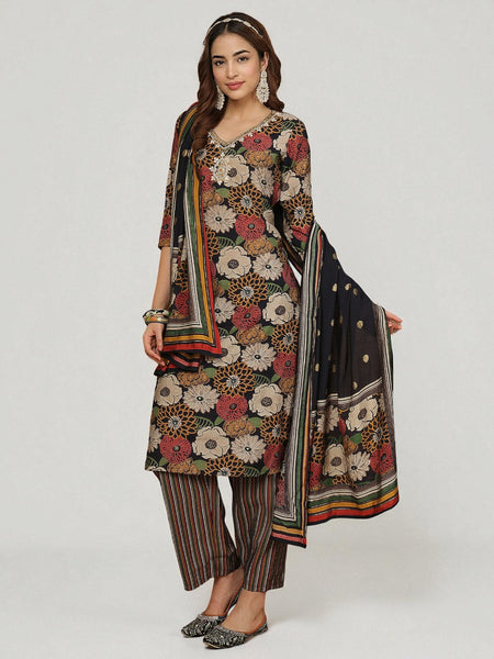 Miramaar Women's Black Modal Straight Kurta Set with Dupatta & Adda Work