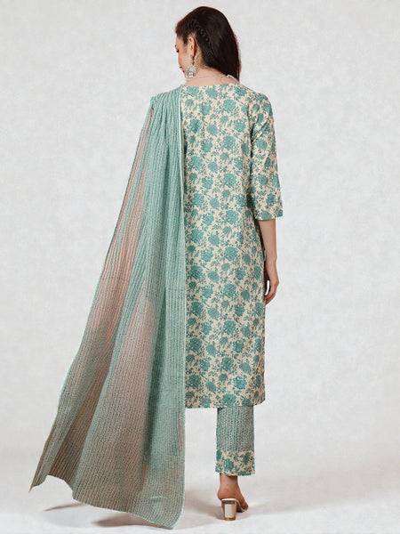 Miramaar Women's Green Printed Rayon Slub Straight Kurta Dupatta Set