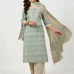 Miramaar Women's Beige & Blue Round Neck Embroidered Kurta Pant with Dupatta