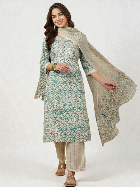 Miramaar Women's Beige & Blue Round Neck Embroidered Kurta Pant with Dupatta