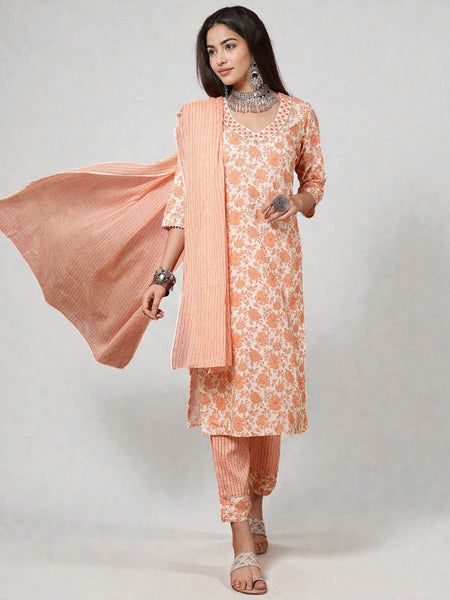 Miramaar Women's Peach Rayon Slub V-Neck Embroidered Kurta Pant with Dupatta