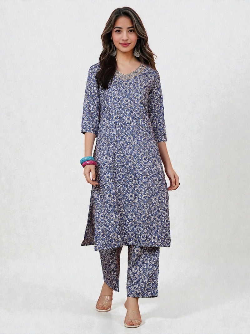 Miramaar Women's Blue Printed Straight V-Neck Kurta Set