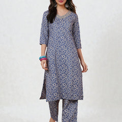 Miramaar Women's Blue Printed Straight V-Neck Kurta Set