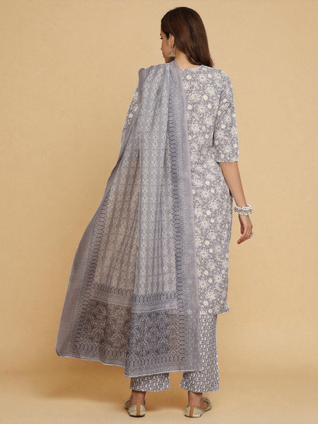 Miramaar Women's Grey Poly Cotton Round Neck Straight Kurta Set with Dupatta