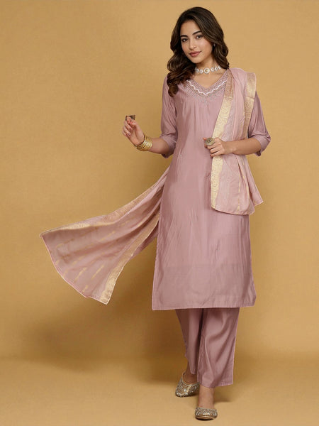 Miramaar Women's Purple Roman Silk Straight Kurta Set with Dupatta