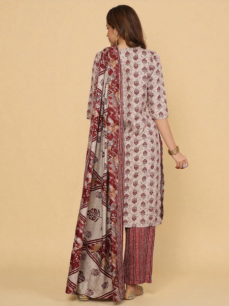 Miramaar Women's White & Red Rayon V-neck Kurta Set with Dupatta