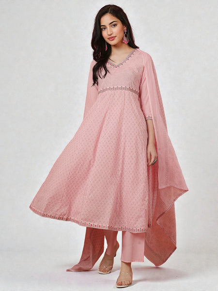 Miramaar Women's Pink Anarkali Embroidered Kurta Dupatta Set