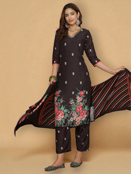 Miramaar Women's Black Muslin Straight Kurta Set with Dupatta & Adda Work