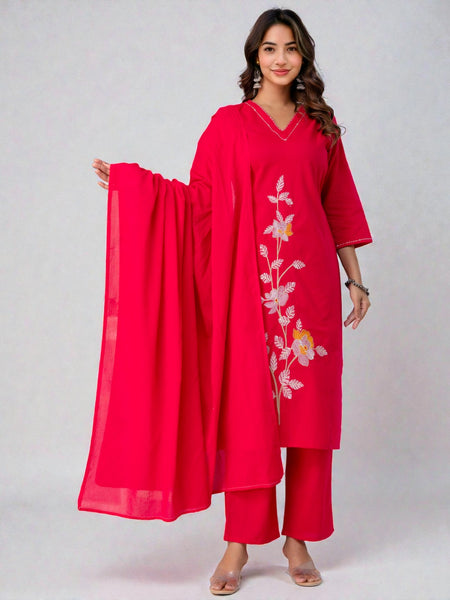 Miramaar Women's Magenta Cotton Embroidered Solid Kurta Pant Dupatta