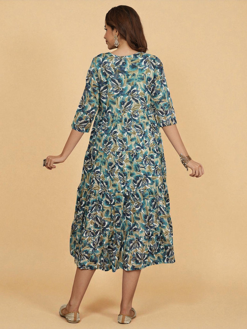 Miramaar Women's Blue Mulmul Round Neck Fit and Flare Dress