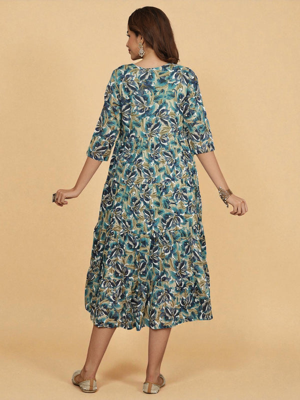 Miramaar Women's Blue Mulmul Round Neck Fit and Flare Dress