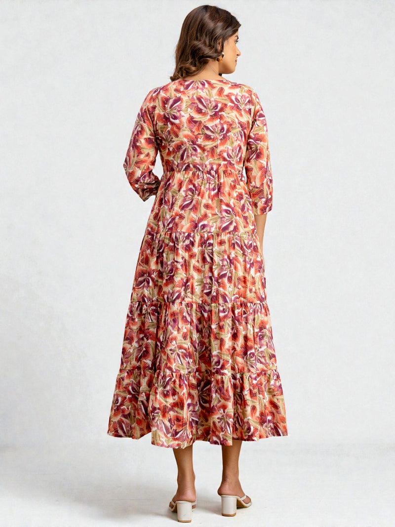 Miramaar Women's Red Mulmul Round Neck Fit and Flare Dress