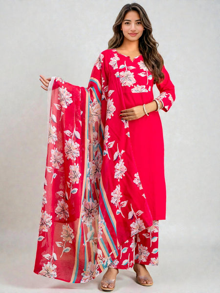 Miramaar Women's Magenta Cotton Straight Adda Work Kurta Set with Dupatta