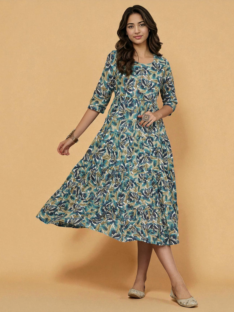 Miramaar Women's Blue Mulmul Round Neck Fit and Flare Dress