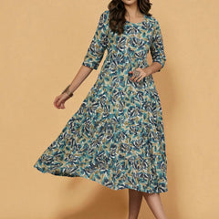 Miramaar Women's Blue Mulmul Round Neck Fit and Flare Dress