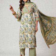 Miramaar Women's Beige & Green Katha Work Round Neck Kurta Pant with Dupatta