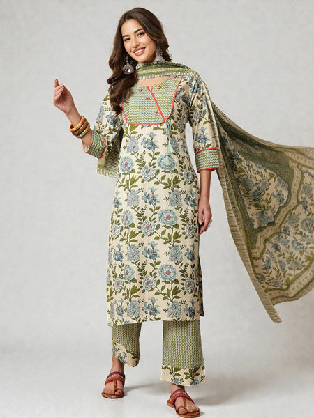 Miramaar Women's Beige & Green Katha Work Round Neck Kurta Pant with Dupatta