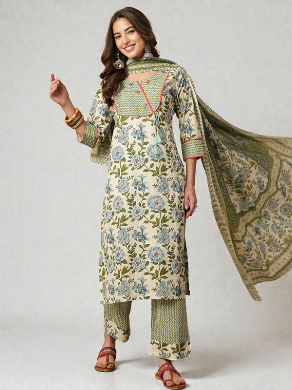 Miramaar Women's Beige & Green Katha Work Round Neck Kurta Pant with Dupatta