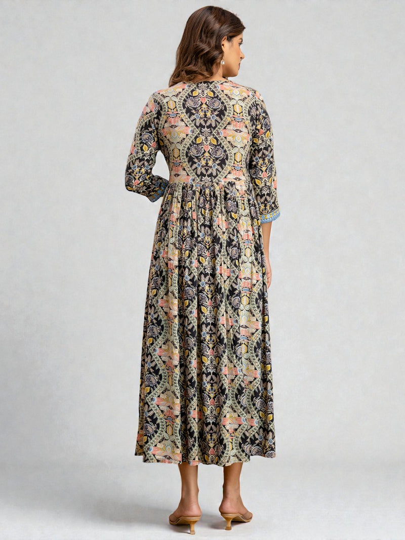 Miramaar Women's Printed Blue Rayon Fit and Flare Dress