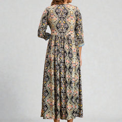 Miramaar Women's Printed Blue Rayon Fit and Flare Dress