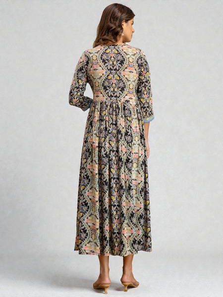 Miramaar Women's Printed Blue Rayon Fit and Flare Dress