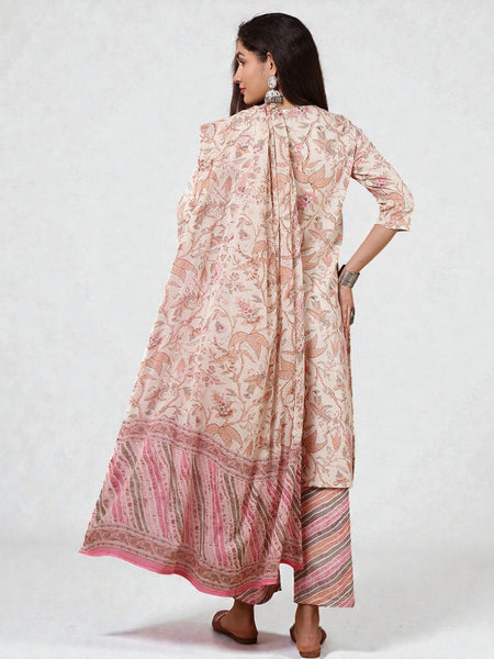 Miramaar Women's Pink Round Neck Straight Katha Work Kurta Pant with Dupatta