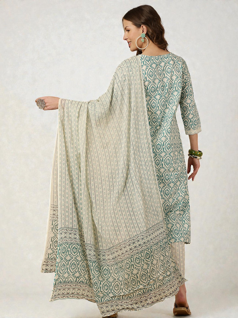 Miramaar Women's Beige & Blue Round Neck Embroidered Kurta Pant with Dupatta