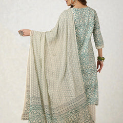 Miramaar Women's Beige & Blue Round Neck Embroidered Kurta Pant with Dupatta