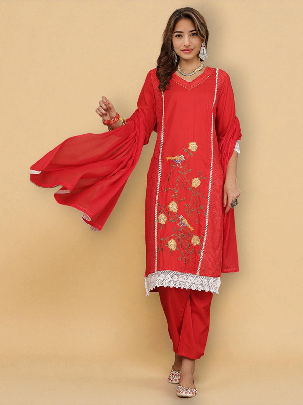 Miramaar Women's Red Cotton Straight V-Neck Kurta Set with Dupatta