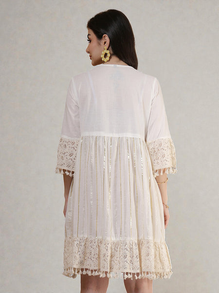 Miramaar Women's White Cotton Lurex Lace work Fit & Flare Dress