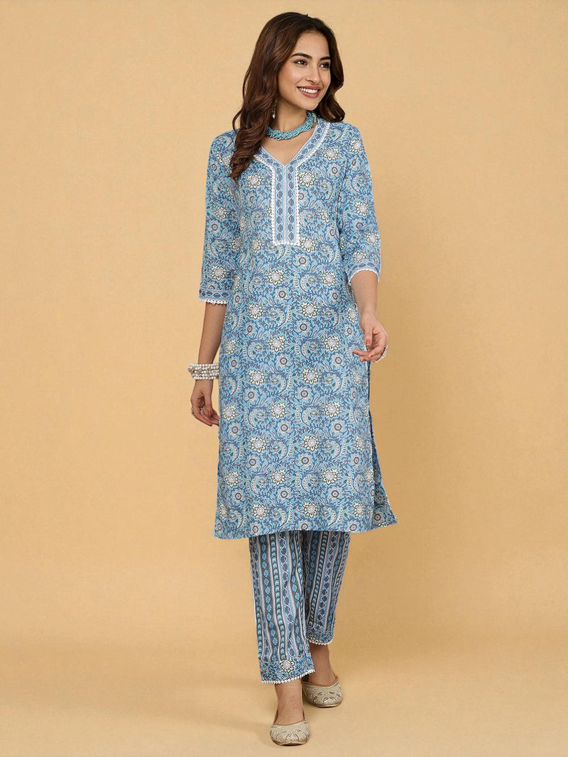 Miramaar Women's Blue Cotton Straight Kurta Set