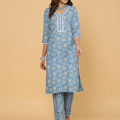 Miramaar Women's Blue Cotton Straight Kurta Set