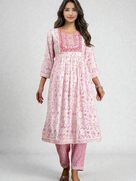 Miramaar Women's Pink Rayon A-line Embroidered Kurta Pant Set