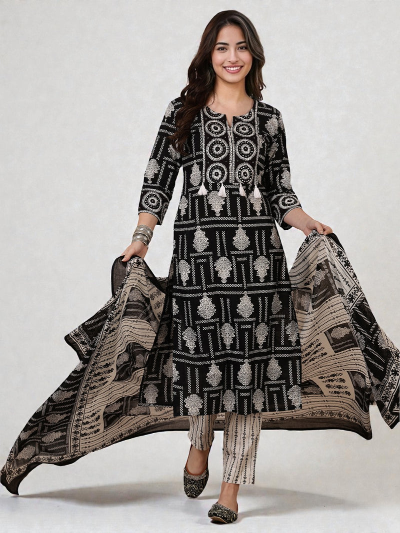 Miramaar Women's Black Printed Cotton Embroidered Straight Kurta Pant with Dupatta