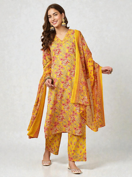 Miramaar Women's Mustard Cotton V-Neck Embroidered Kurta Pant with Dupatta