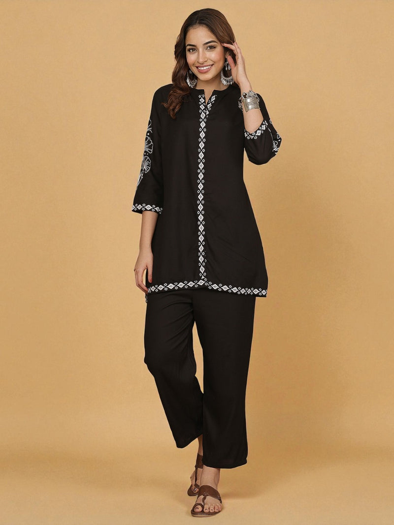 Miramaar Women's Black Rayon Mandarin Collar Co-ord Set