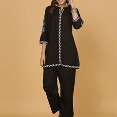 Miramaar Women's Black Rayon Mandarin Collar Co-ord Set