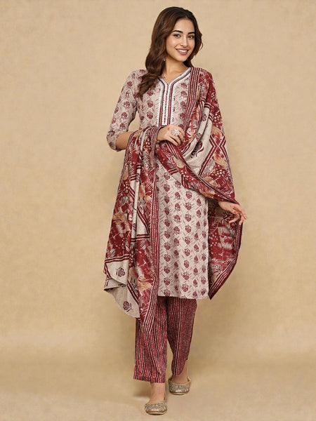 Miramaar Women's White & Red Rayon V-neck Kurta Set with Dupatta