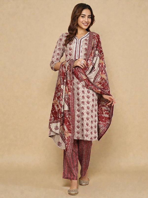 Miramaar Women's White & Red Rayon V-neck Kurta Set with Dupatta