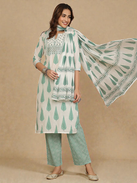 Miramaar Women's Green Cotton Round Neck Ebroidered Kurta Set with Dupatta