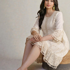 Miramaar Women's White Cotton Lurex Lace work Fit & Flare Dress