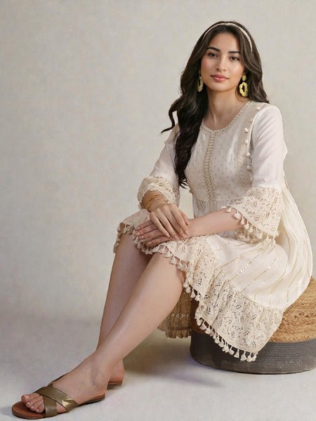 Miramaar Women's White Cotton Lurex Lace work Fit & Flare Dress