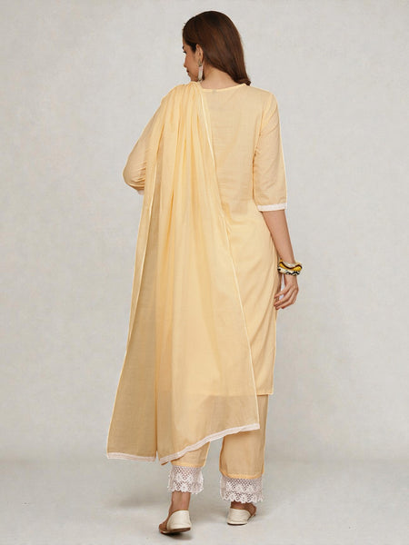 Miramaar Women's Peach Cotton Schiffli V-Neck Straight Kurta Set with Dupatta