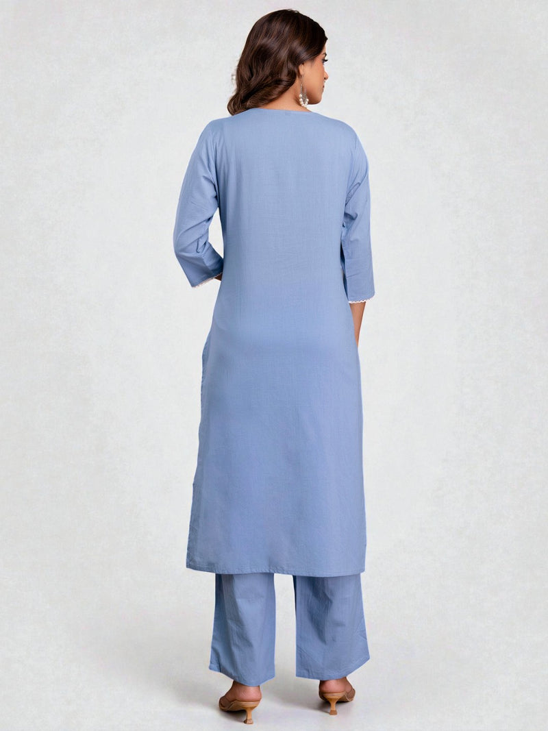 Miramaar Women's Cotton Blue Straight Embroidered Kurta Pant with Dupatta