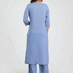 Miramaar Women's Cotton Blue Straight Embroidered Kurta Pant with Dupatta